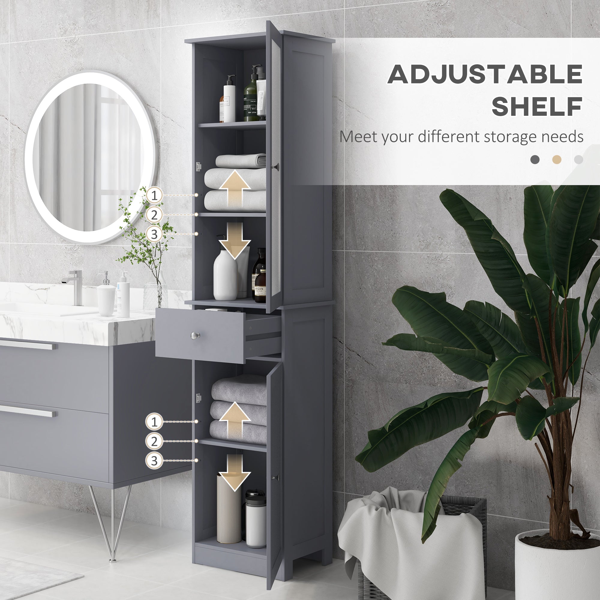 kleankin Bathroom Storage Cabinet with 3-tier Shelf Drawer Door, Floor Cabinet Free Standing Tall Slim Side Organizer Shelves, Grey